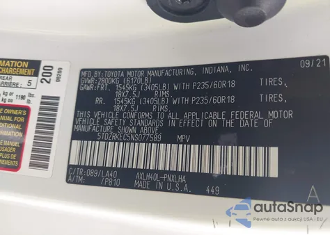 2022 Toyota Sienna Limited z USA, uszkodzony, nr VIN 5TDZRKEC5NS077589